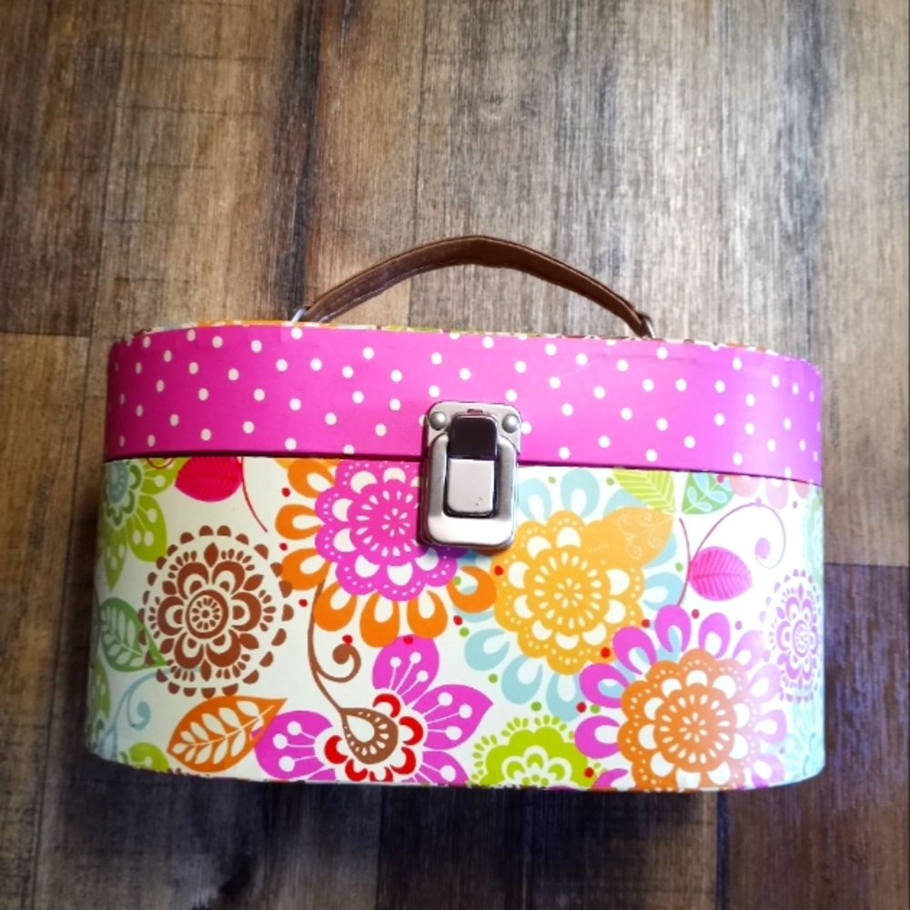 Floral Design Paperboard Compartment Box with Mirror & Carrying Handle